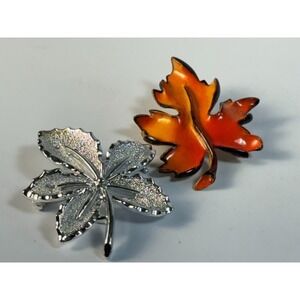 Silver Tone and Red Enamel Leaf Vintage Brooch Pin with Details